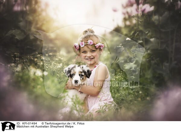 Mdchen mit Australian Shepherd Welpe / girl with Australian Shepherd Puppy / KFI-01494