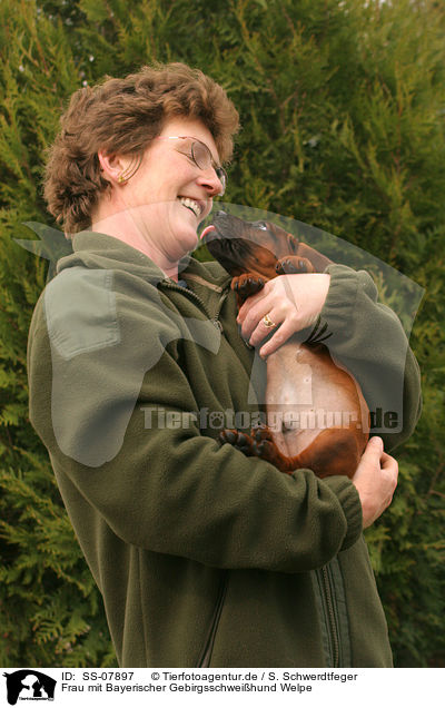 Frau mit Bayerischer Gebirgsschweihund Welpe / woman with Bavarian Mountain Hound puppy / SS-07897