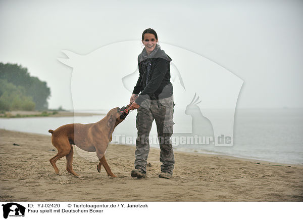 Frau spielt mit Deutschem Boxer / YJ-02420
