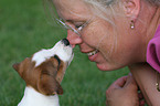 Frau und Jack Russell Terrier Welpe