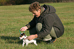 Frau leint Jack Russell Terrier Welpe an