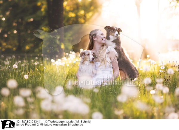 junge Frau mit 2 Miniature Australian Shepherds / young woman with 2 Miniature Australian Shepherds / MASC-01341