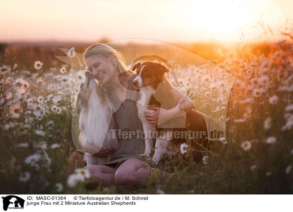 junge Frau mit 2 Miniature Australian Shepherds / young woman with 2 Miniature Australian Shepherds / MASC-01364