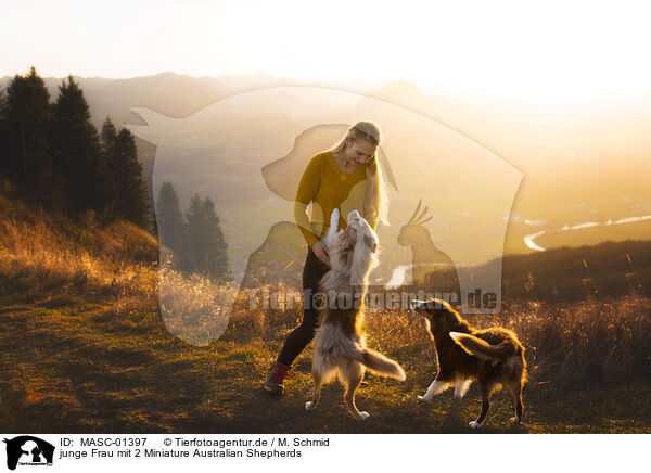 junge Frau mit 2 Miniature Australian Shepherds / MASC-01397