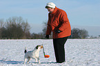 Frau spielt mit Parson Russell Terrier im Schnee