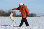 Frau spielt mit Parson Russell Terrier im Schnee