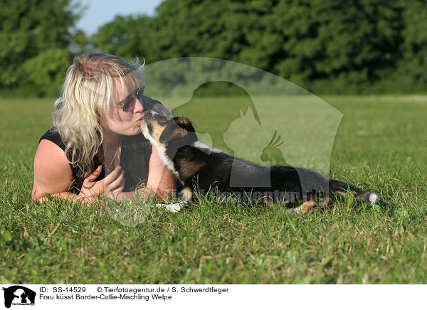 Frau ksst Border-Collie-Mischling Welpe / woman kisses mongrel puppy / SS-14529