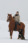 Frau reitet Deutsches Reitpony