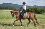 junge Frau reitet Deutsches Reitpony