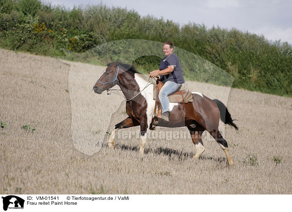 Frau reitet Paint Horse / woman rides Paint Horse / VM-01541