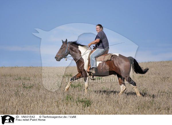 Frau reitet Paint Horse / woman rides Paint Horse / VM-01542