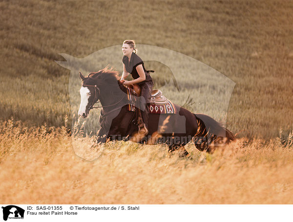 Frau reitet Paint Horse / woman rides Paint Horse / SAS-01355