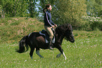 Frau reitet Shetland Pony