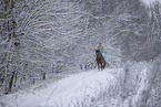 Frau reitet im Kleid durch den Schnee