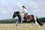 Frau galoppiert mit Pferd ber Weise