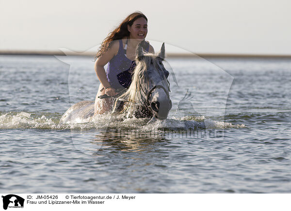 Frau und Lipizzaner-Mix im Wasser / woman and Lipizzaner-Cross in the water / JM-05426