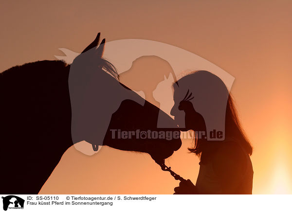 Frau ksst Pferd im Sonnenuntergang / woman kisses horse in sundown / SS-05110
