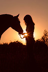 Frau mit Pferd im Sonnenuntergang