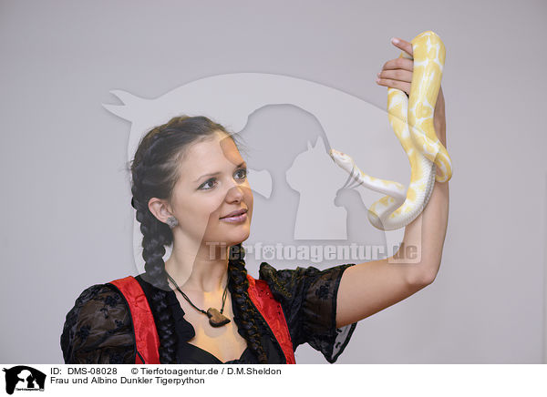 Frau und Albino Dunkler Tigerpython / woman and Albino Burmese python / DMS-08028